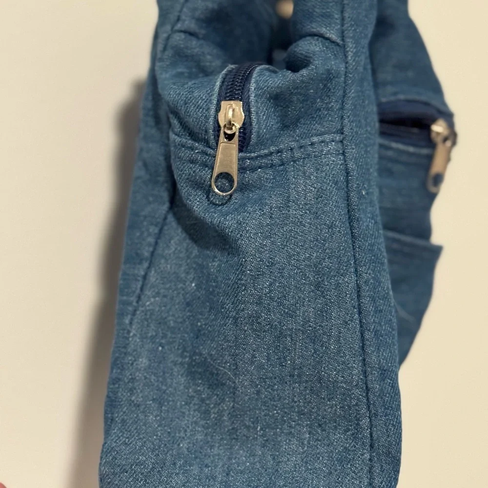 Vintage Style Denim Shoulder Bag with White Floral Embroidery & Zipper Pockets